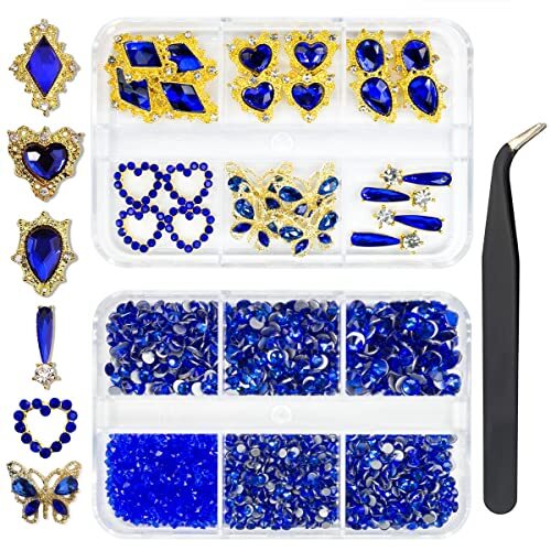 24pcs Blue Luxury Nail Charms +2000pcs Sapphire Rhinestones 3D Big Nail Gems