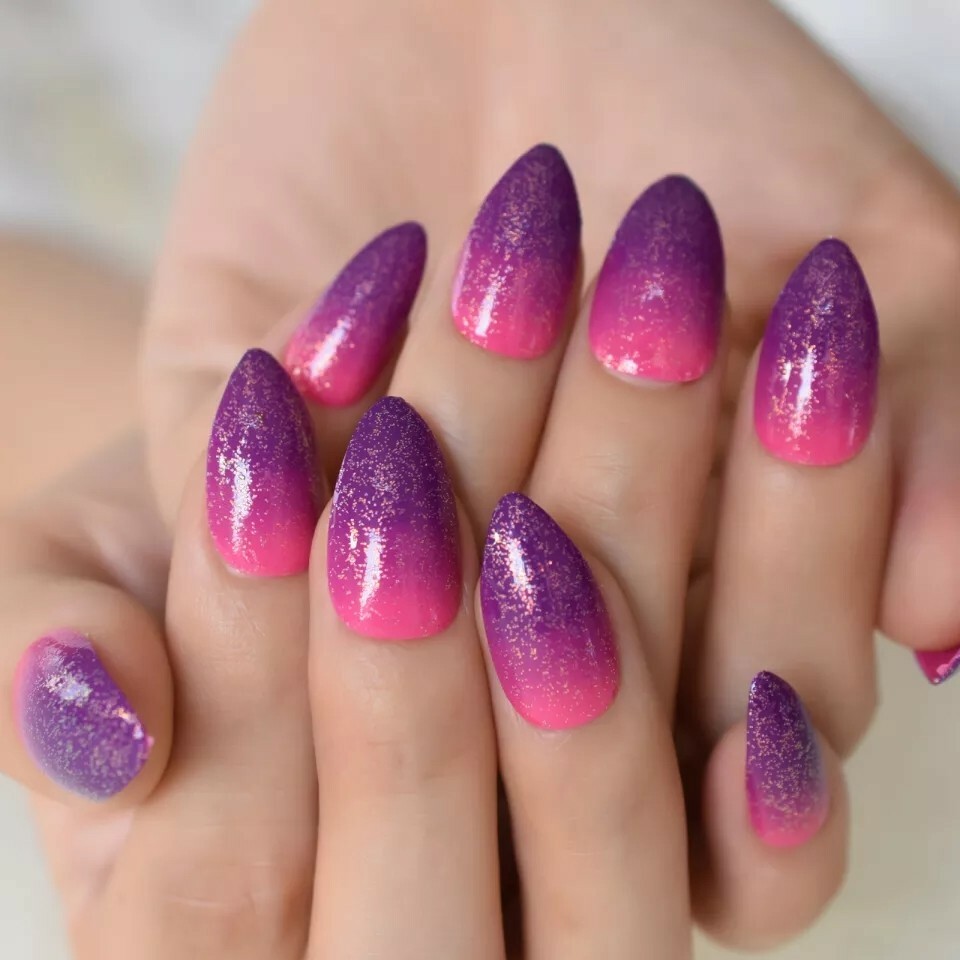 24 Ombre pink purple Press On Nails w/ Glue pointed almond stiletto glitter
