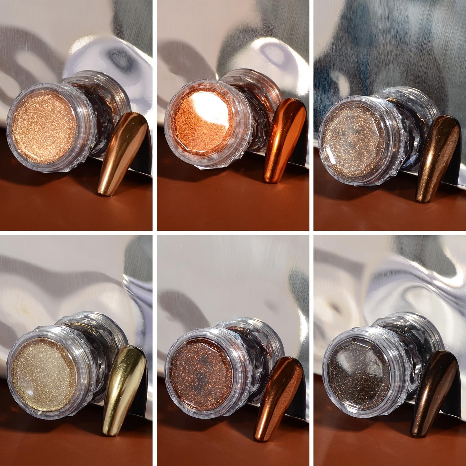 Chrome Nail Powder Set, 6 Maillard Colors Metallic Brown Chrome Nail Powder M…
