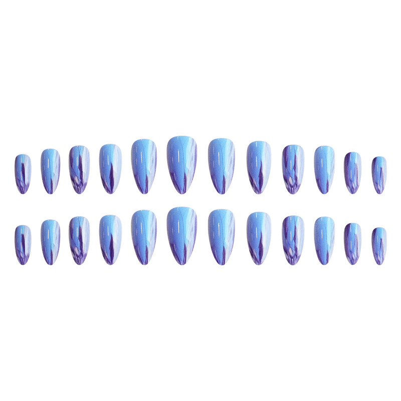 48P Long Almond Press on Nails, Purple Blue Chrome Mirror Trendy Fake Nails