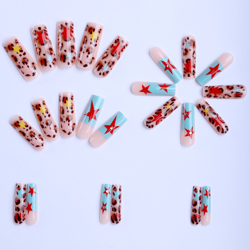 48pcs Long Square Press on Nails, Leopard Print Star Y2K Trendy Nail Art