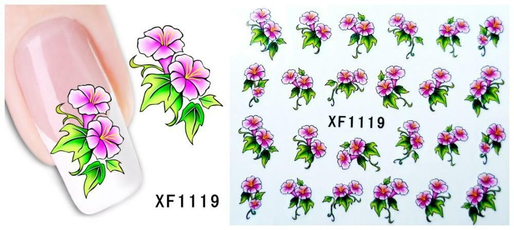Nail Art Water Transfer Sticker Decal Stickers Pretty Flowers Pink Green XF1119