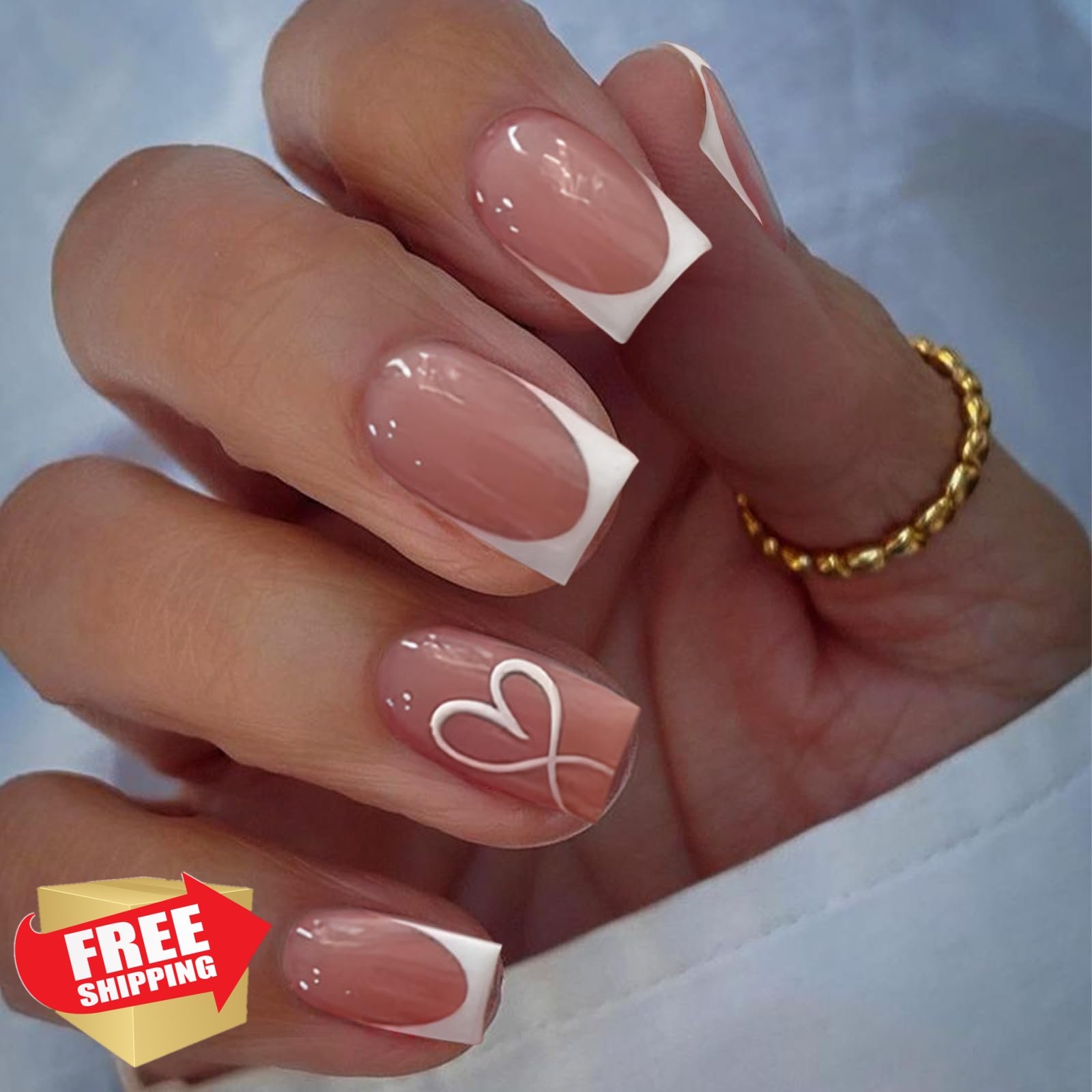 SEMATA Short Square French Tip Press on Nails, Pink Heart Design