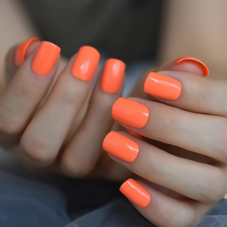 New 24 Press On Nails Kit w glue short neon orange bright