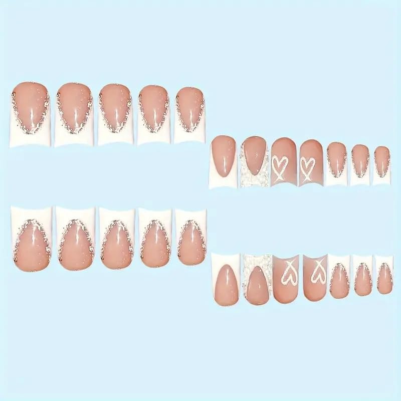 Nude Square Press on Nails Short Length,White French Tips Fake Nails with Rhi…