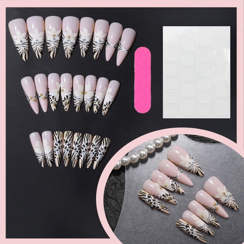 24pcs-Nude Pink Almond Nails with 3D White Flowers and Mixed Animal Print Tips