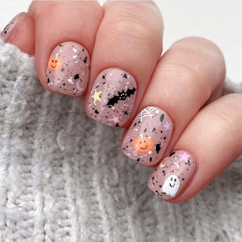 48Pcs-Short Square Nude Speckled Ghost Pumpkin Bat Halloween Fake Press on Nails