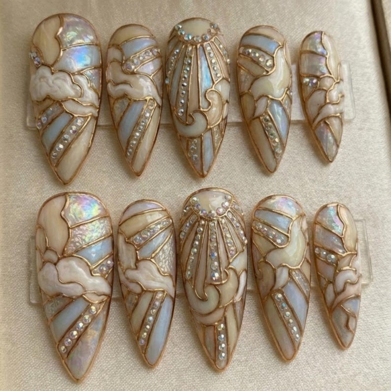Hanmade Bridal Stained Glass Press On Nails 3D Gold Sun, Cloud Art