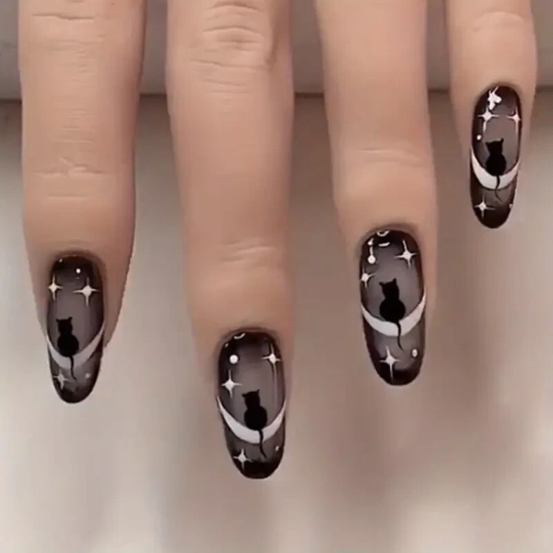 48 Pcs 2 Boxes Black Cat Moon Mystical Press On Nails Halloween Oval Almond NIB