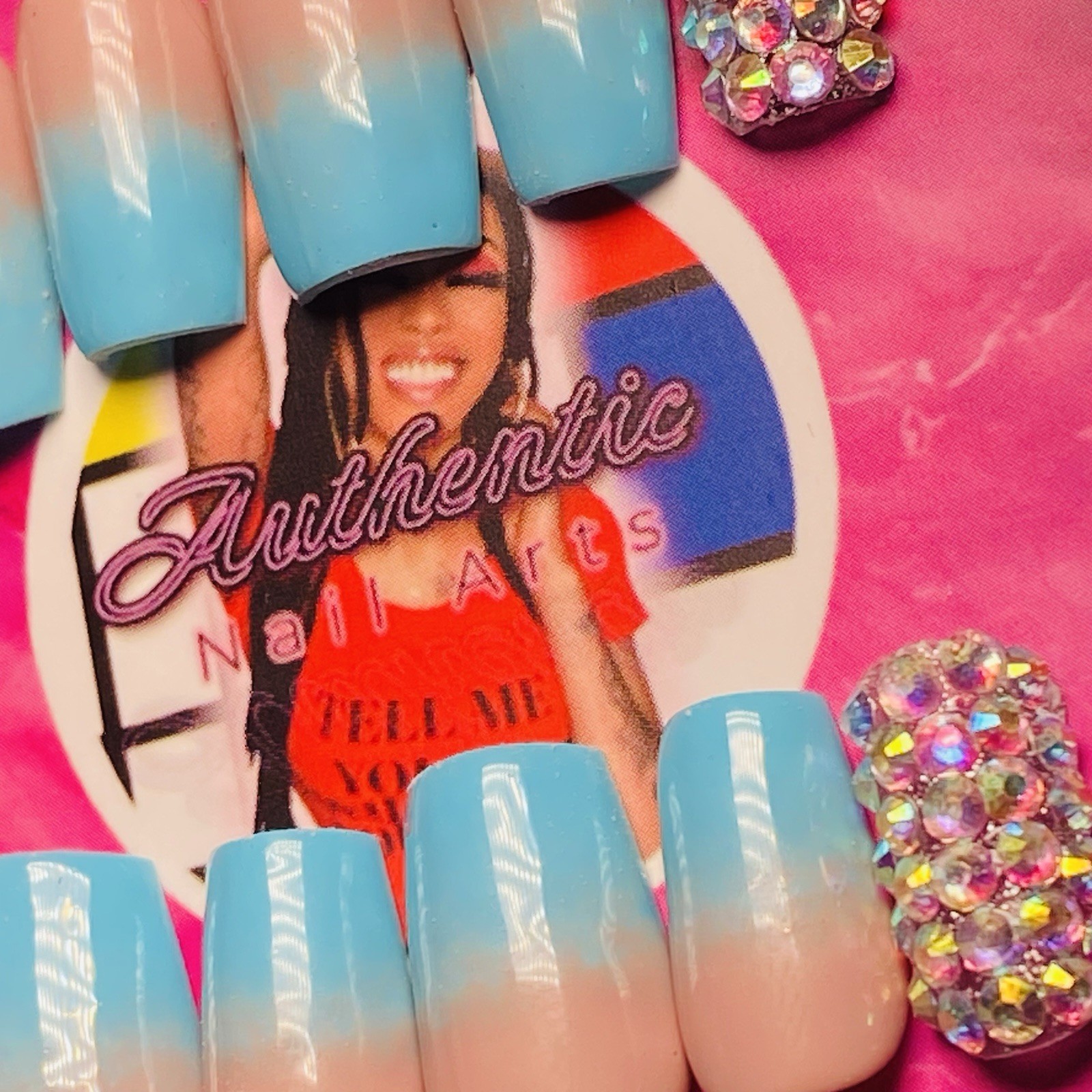 Square Press-On Nails Blue Nude Ombre Sparkle Shiny by Authentic Nail Arts
