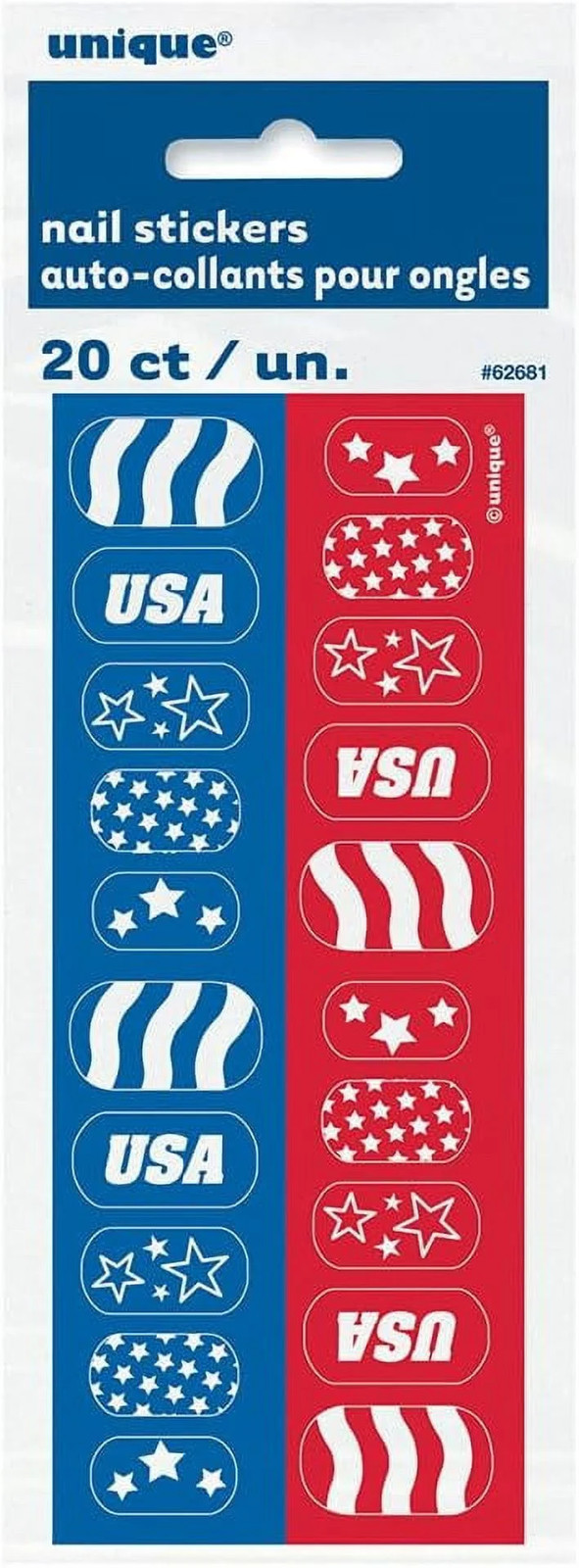 Patriotic USA Nail Stickers Self Adhesive Nail Decals Red White Blue 20 Ct
