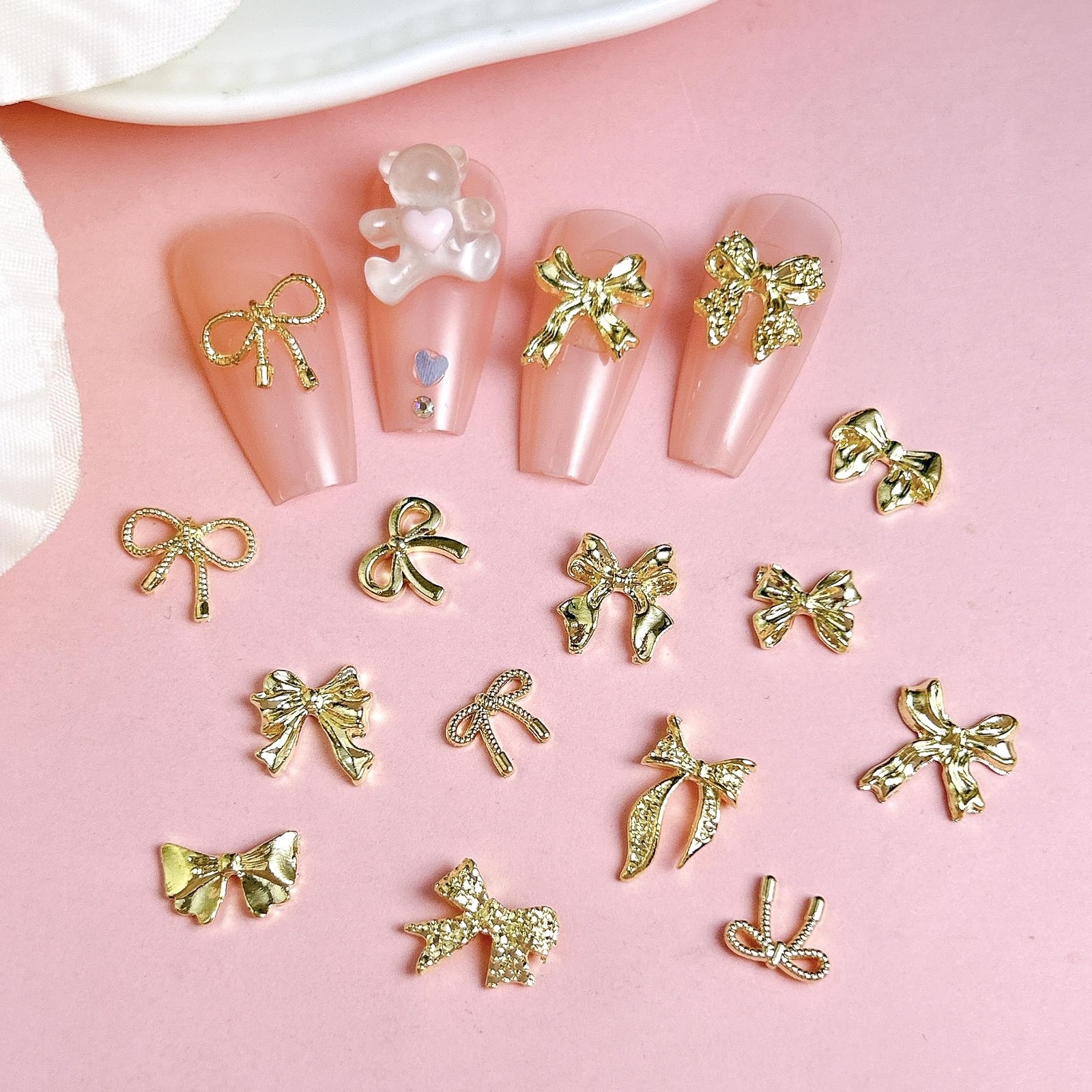 120Pcs Gold Bow Nail Charms, 3D Metal Alloy Bowknot Art Golden Bows 01