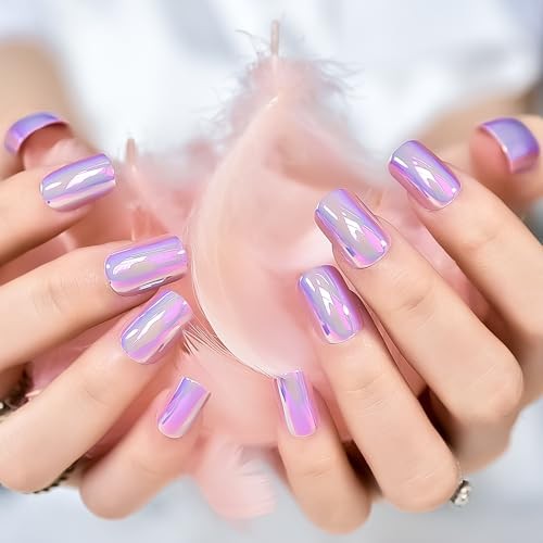 Metallic Mirror Press On Nails Purple False Nails Squoval Medium Lenght Nail