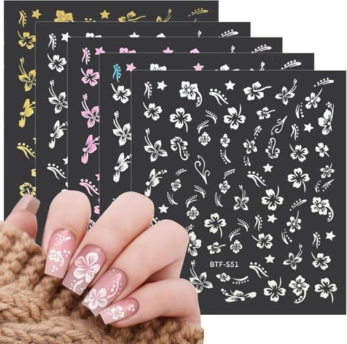 Flower Nail Stickers Hibiscus Nail Decals White Pink Golden Clear 5 Sheets