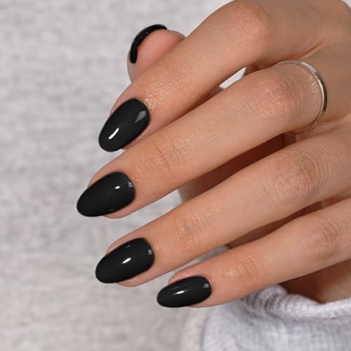 Black Press On Nails Short Oval – Acrylic Press On Nails with Glue, Dark black