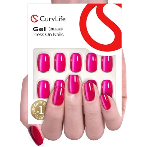 30pcs Press on Nails, Acrylic Fake Nail with Apricot Short Chrome hot pink