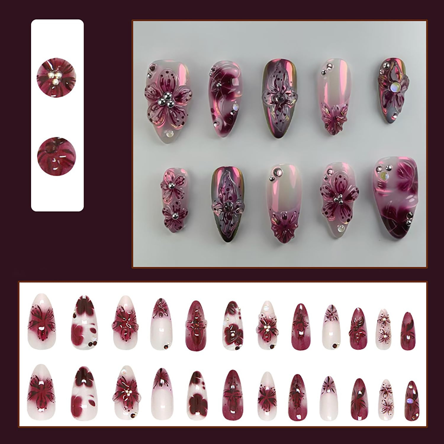 24Pcs Purple Press on Nails Medium Almond Fake Nails with Rhinestones Stick on N