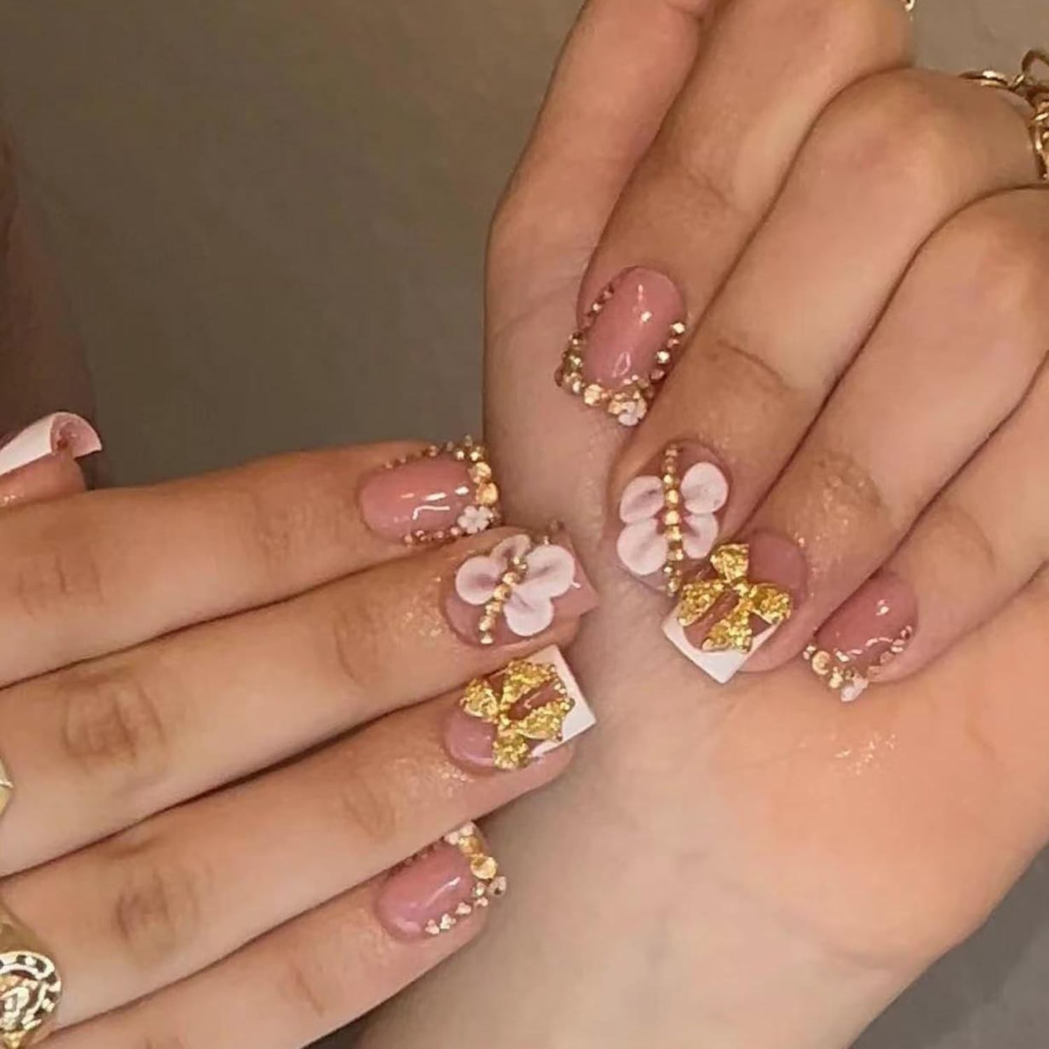 French Tip Press On Nails Short Square – Nude Pink Fake Nails with Gold Bow &…