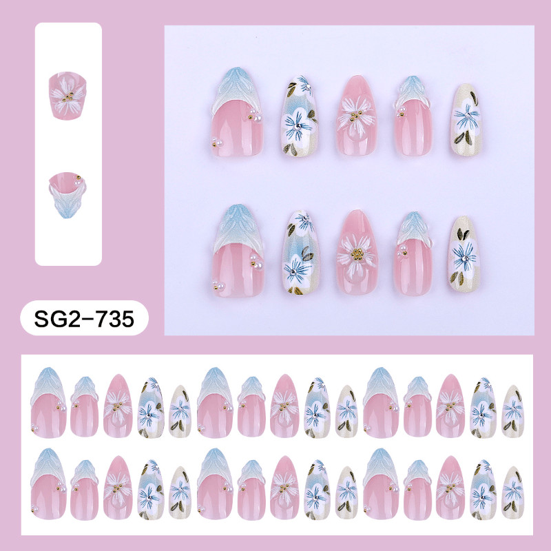 30P Short Almond Press on Nails, Mint Green Gradient 3D Floral Fake Nails