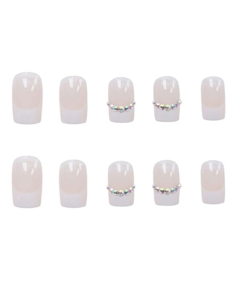 French Tip Diamond SHORT Press On 24 Pieces Nail Tips Kit With Glue Wedding