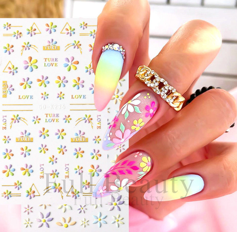 5D Embossed French Colorful Flower Love Daisy Fingers Toe Nail Art Stickers NS13
