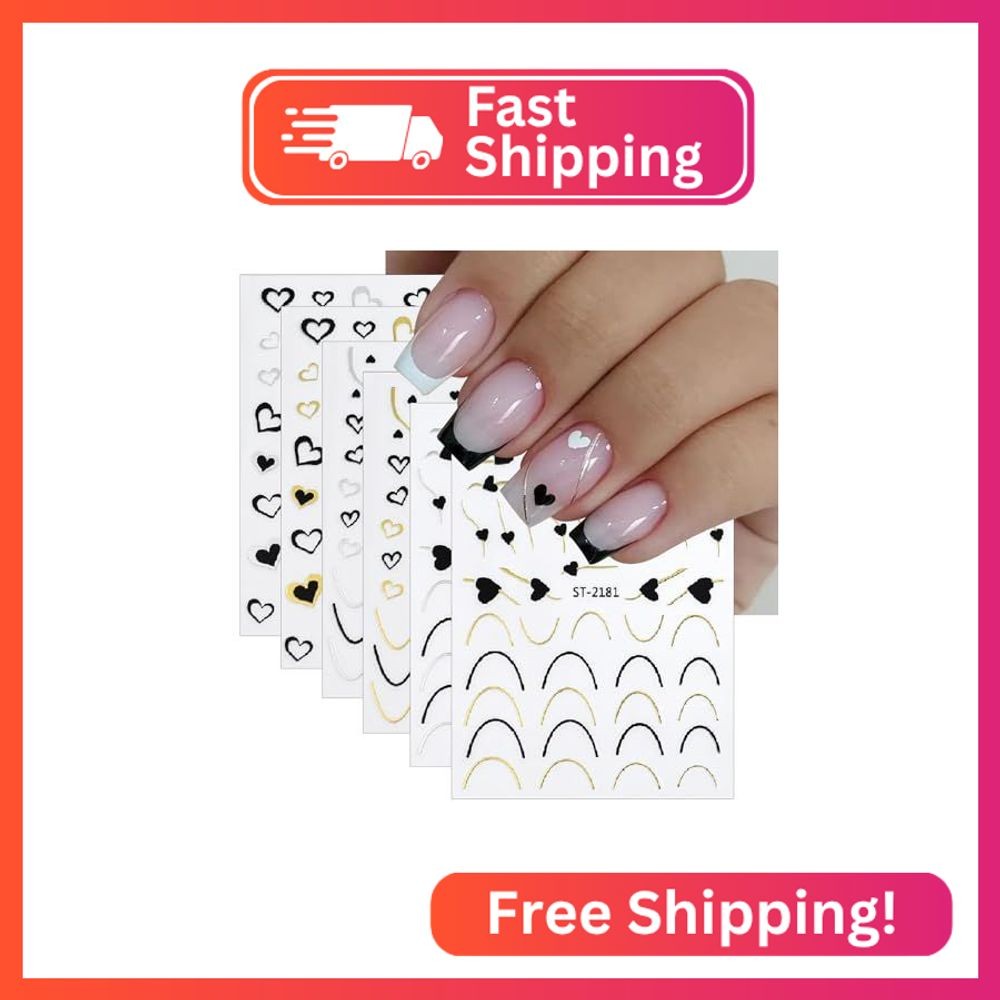 6Sheets Valentine’s French Nail Art Stickers Hollow Peach Heart 3D Self Adhesive