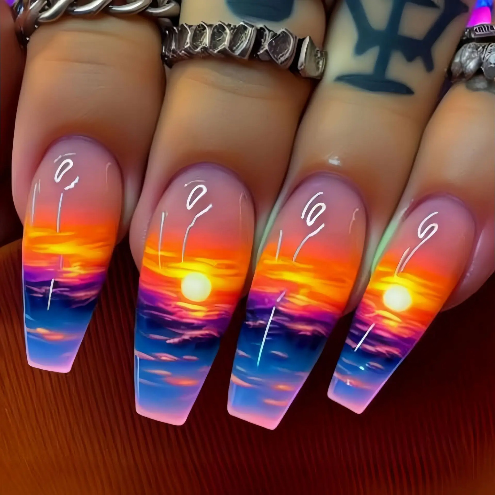 Y2K Press On False Nails 24pcs Set Sunset Heart Leopard Print Short Medium Long