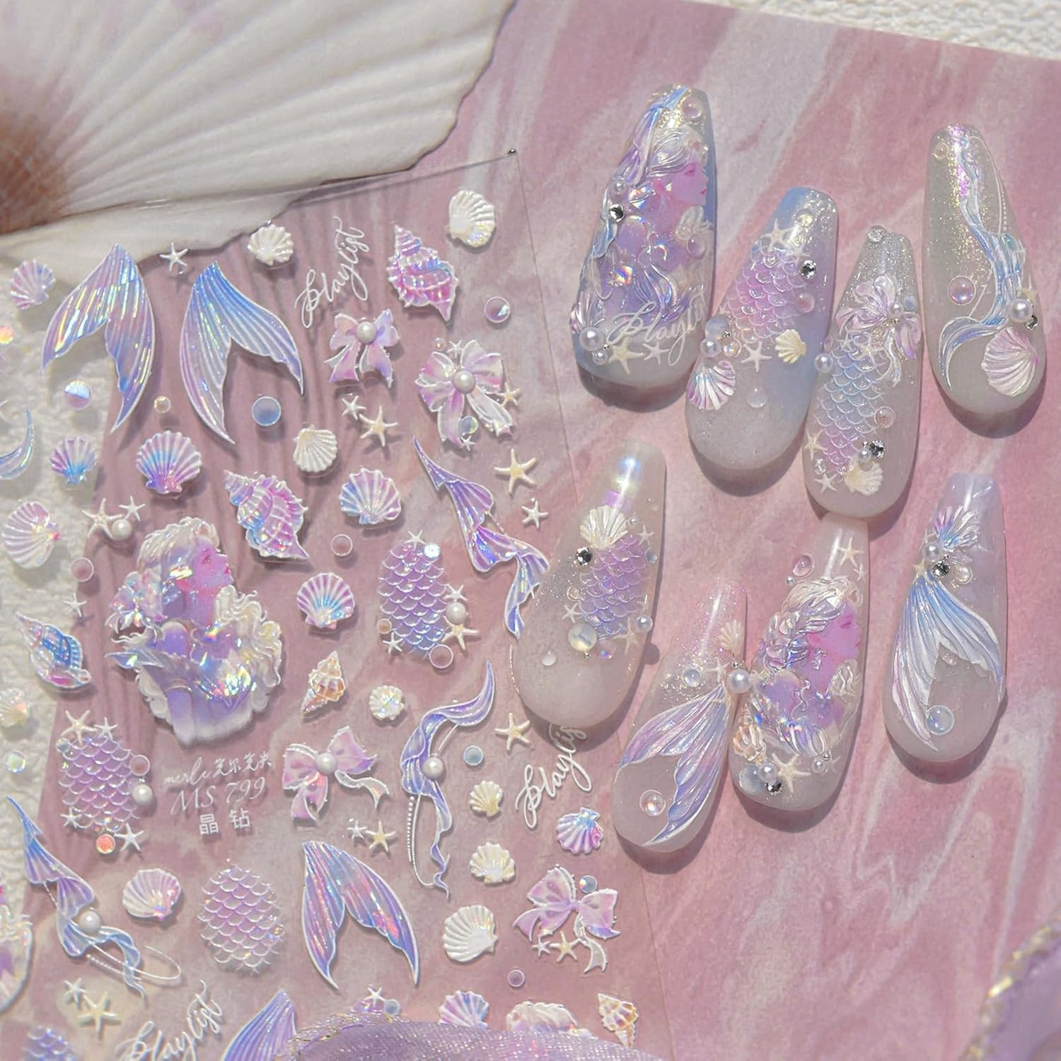 5D Mermaid Nail Stickers Holographic Shell Fish Tail Star Pearl Self Adhesive Em