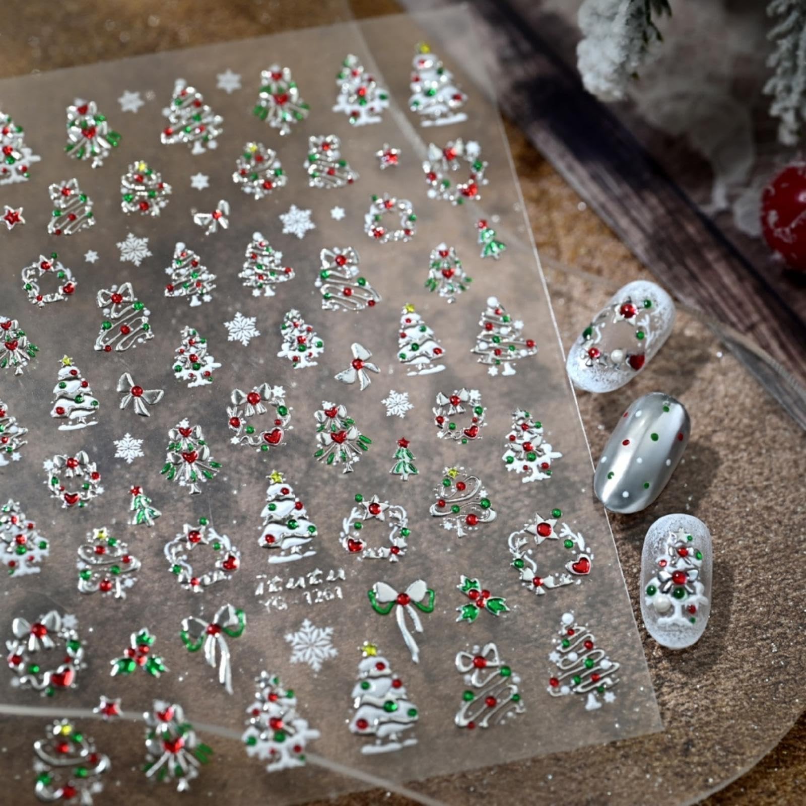 Christmas Nail Stickers 5D Embossed Metallic Silver Nail Decals Adhesive Garl…