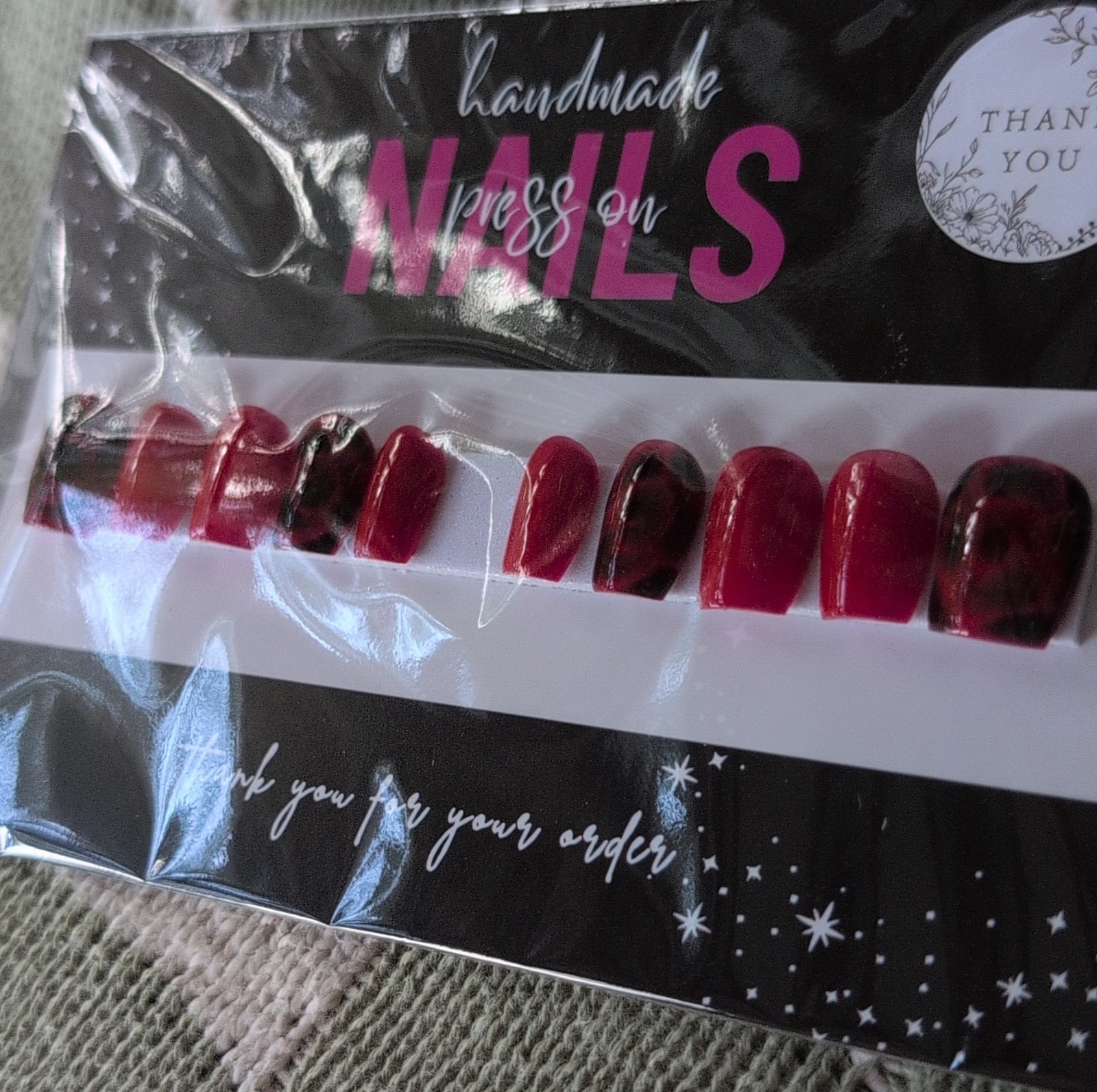 Handmade Press-On Nails Short Square Red Black Abstract Sized Medium