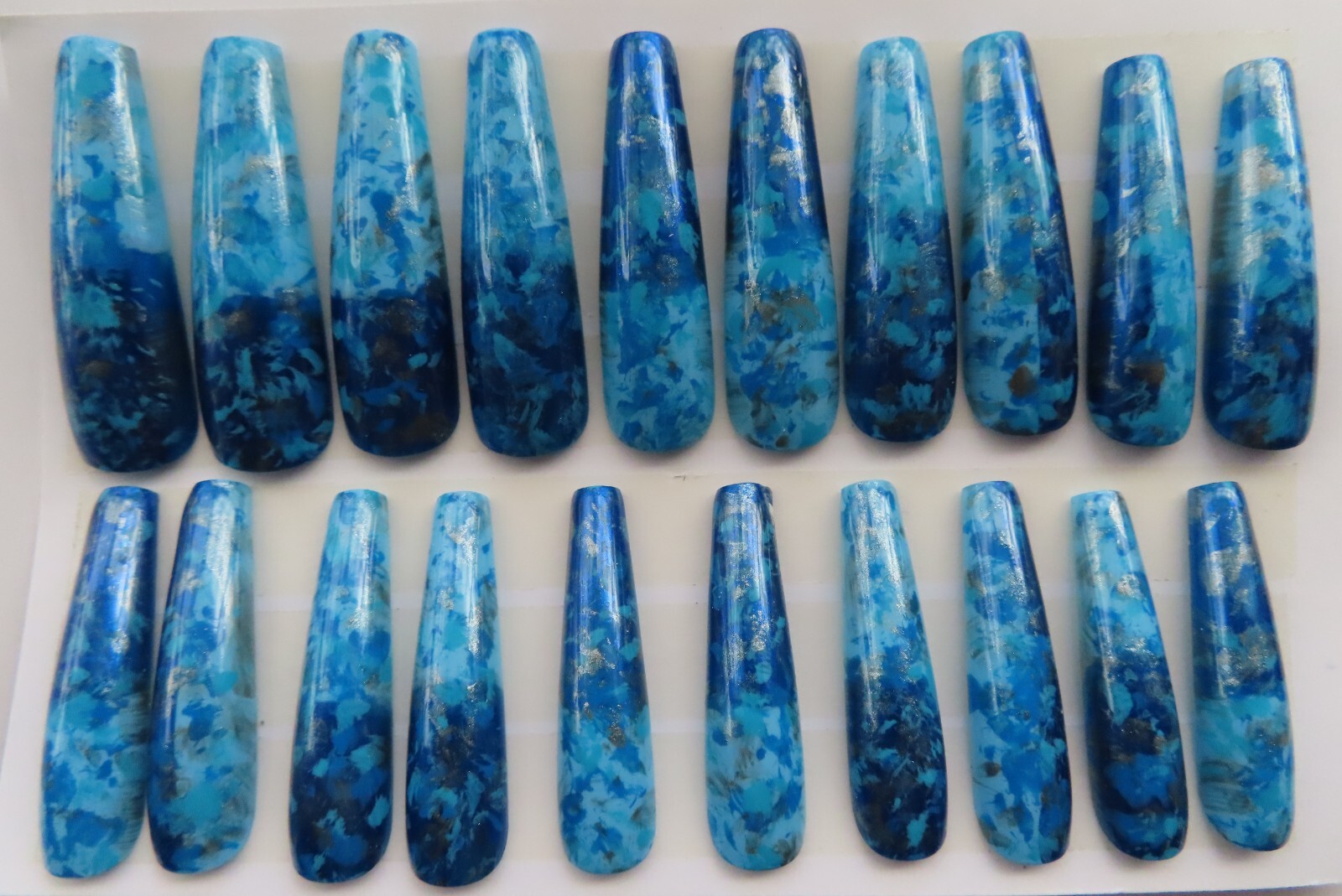 XL Light & Dark Blue Silver Splatter Square Coffin Press On Nails (20)