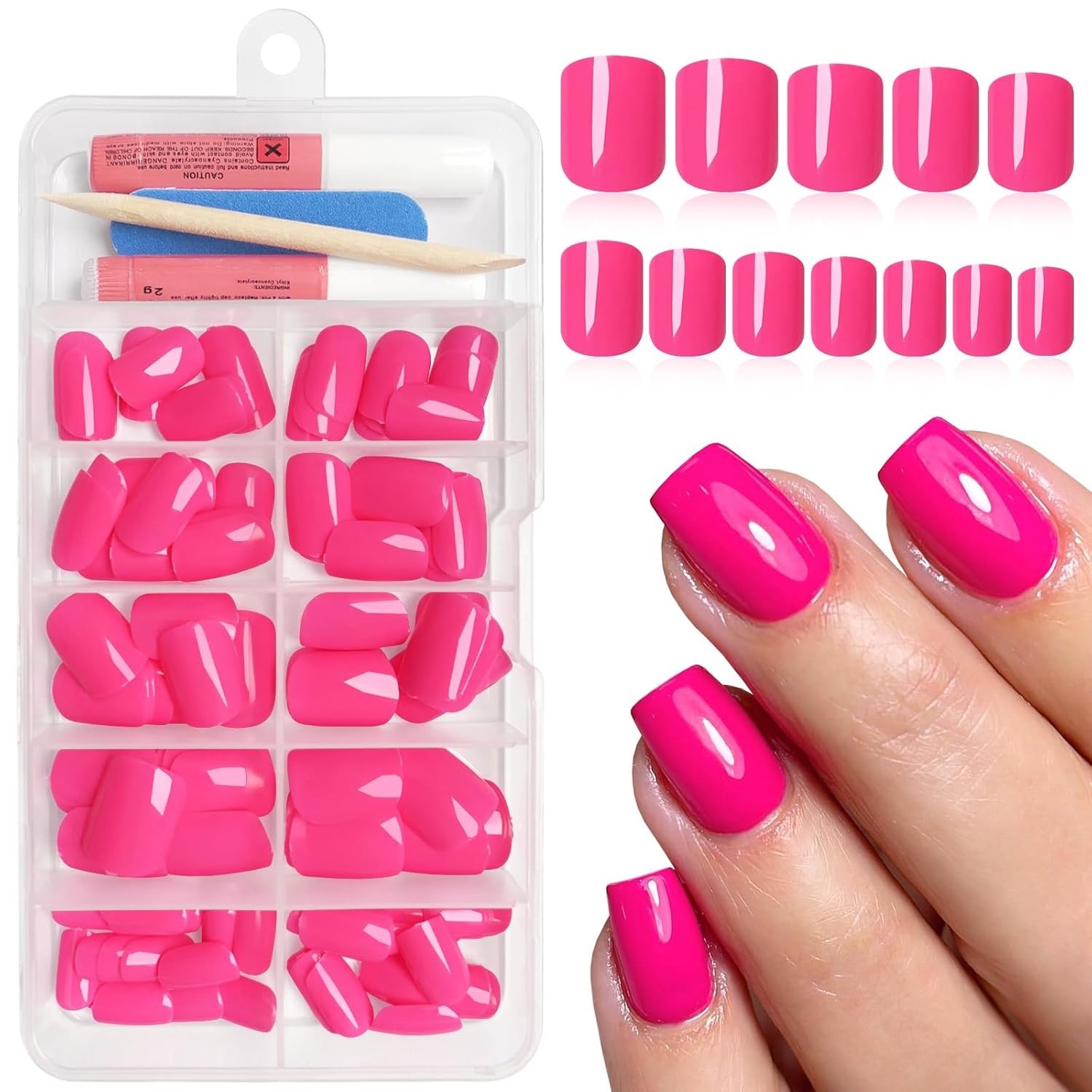 Square Press on Nails Short, 120Pcs Glossy Hot Pink Fake Nails Full Cover Acryli