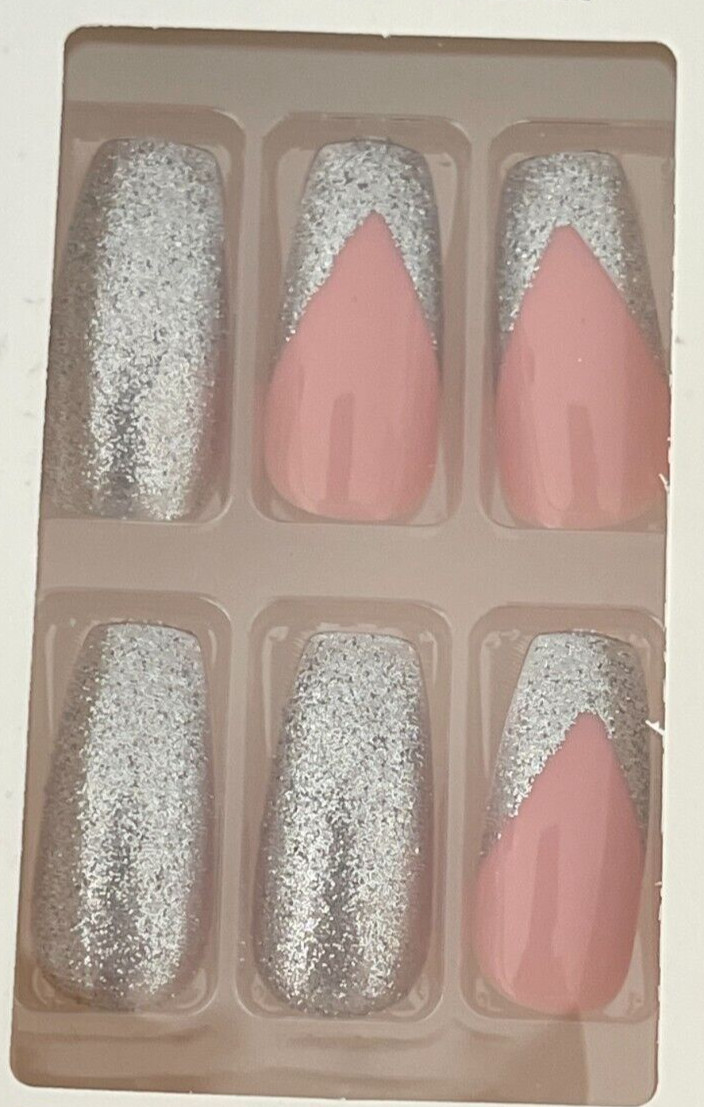 2 Pack Kiss Fashion Glitter Nails Long Coffin Pink French Silver Glitter DBGN04