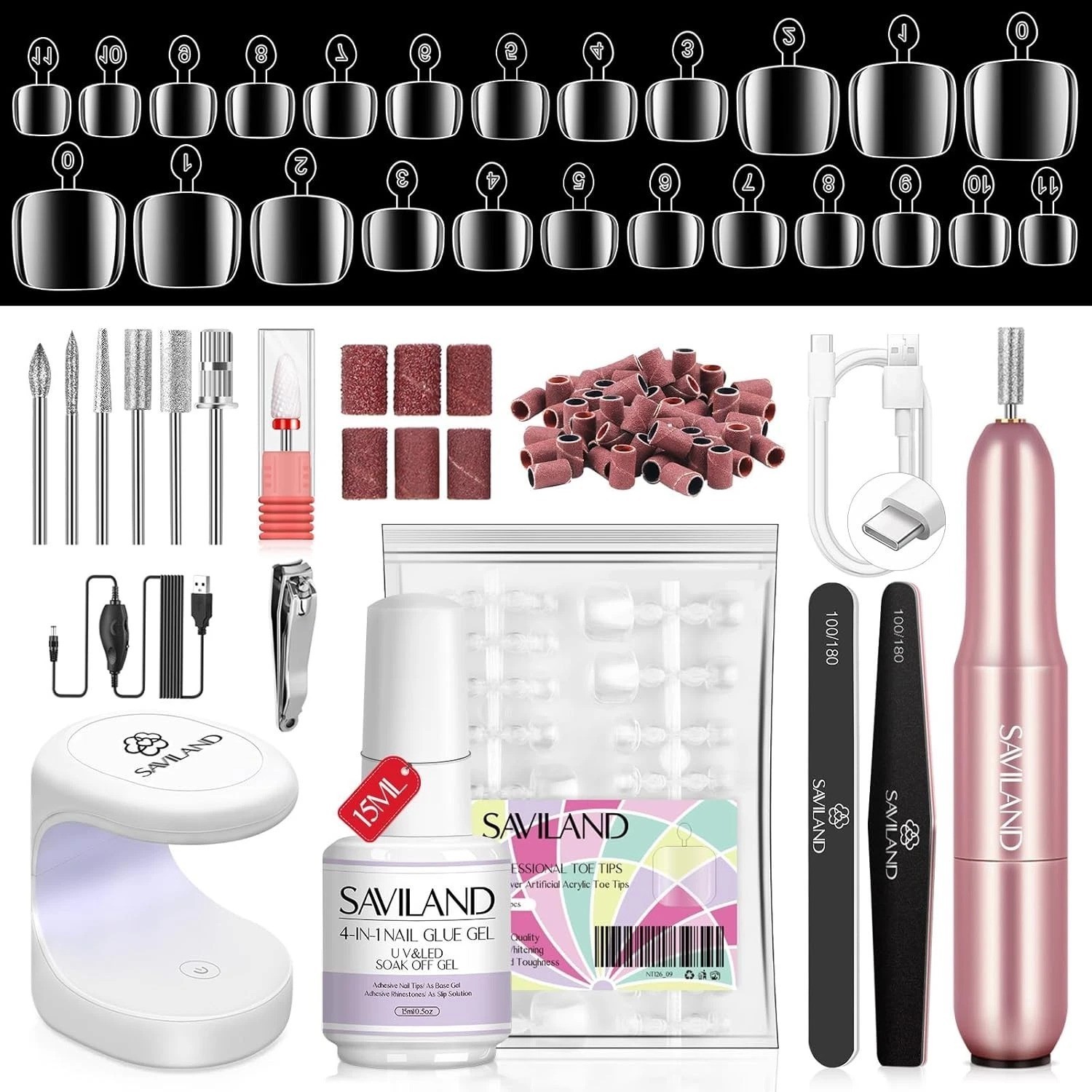 Toe Nail Tips & Glue Gel Kit with Drill, Lamp, 500 Tips, Pink