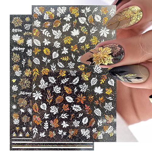 8Sheets Gold Maple Leaf Nail Stickers 3D Fall Nail Art Supplies Sticker 12