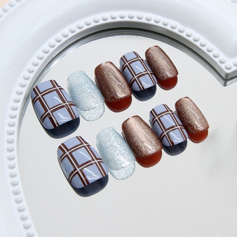 Square Press on Nail Cats Eye Fake Nail with Designs Full Cover Glues on Nail