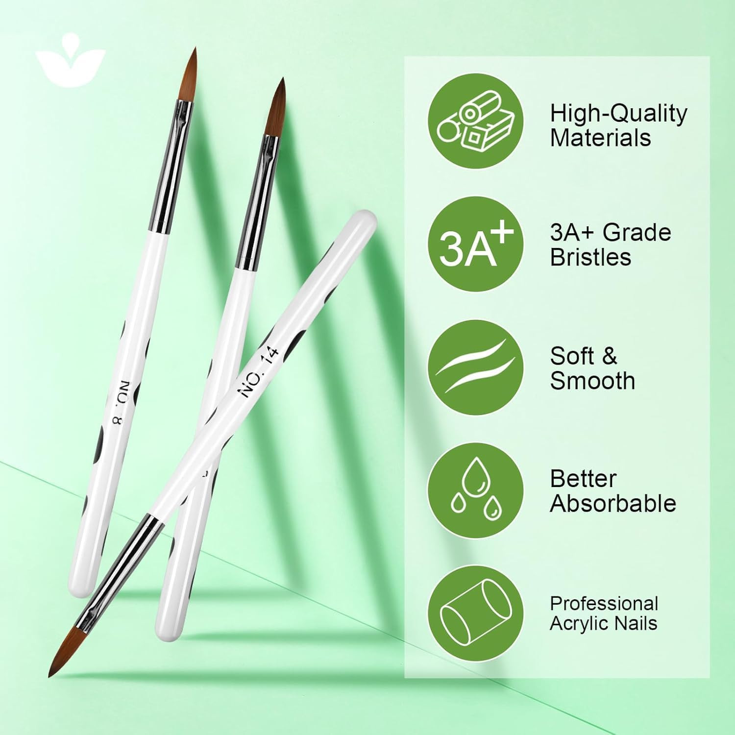 3PCS Kolinsky Acrylic Nail Brushes – Size 8/10/14 Professional Nail Art Brushes