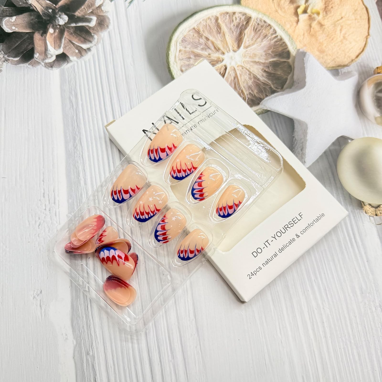 4th of July Press on Nails Medium Oval Fake Nails with Designs Red Blue Gradi…