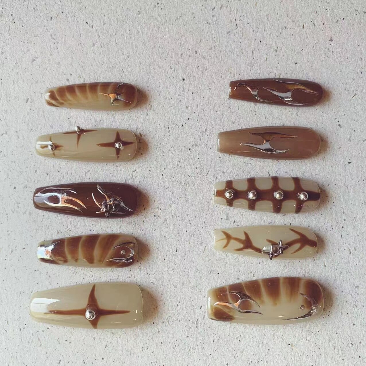 leopard earth element long coffin handmade press on nails free shipping 