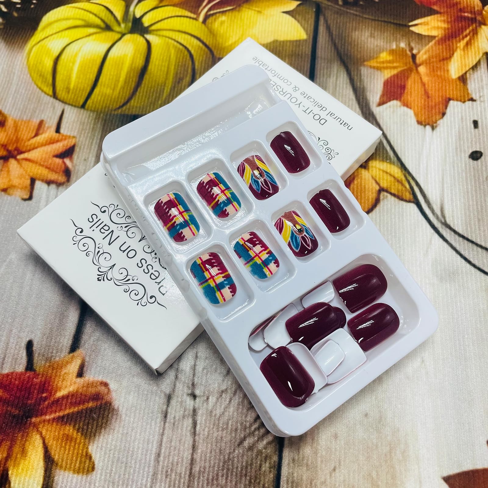 Fall Press on Nails Short Fake Nails with Designs Turkey Stick on Nail Purple…