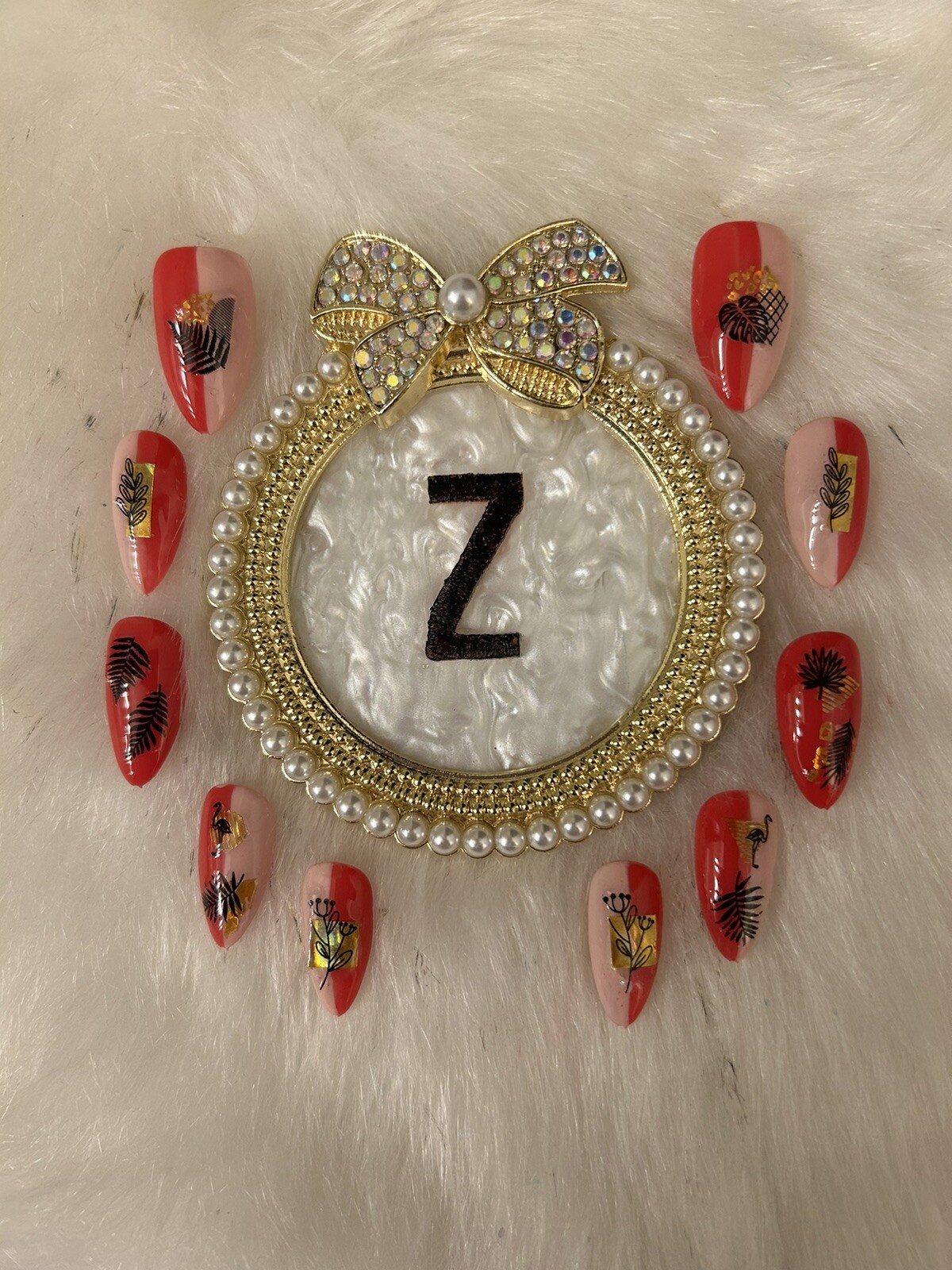 Z NAILZ! Gorgeous Set Of Handmade Red/flesh M Oval Press On Nails With Decals