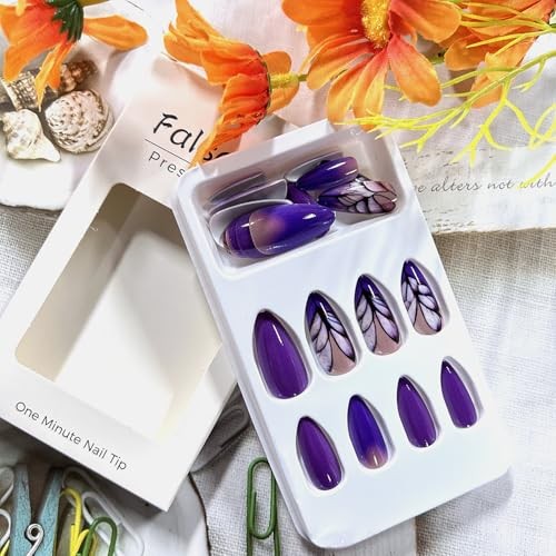 Dark Purple Gradient Press on Nails Medium Almond Shaped Pattern Purple Feather