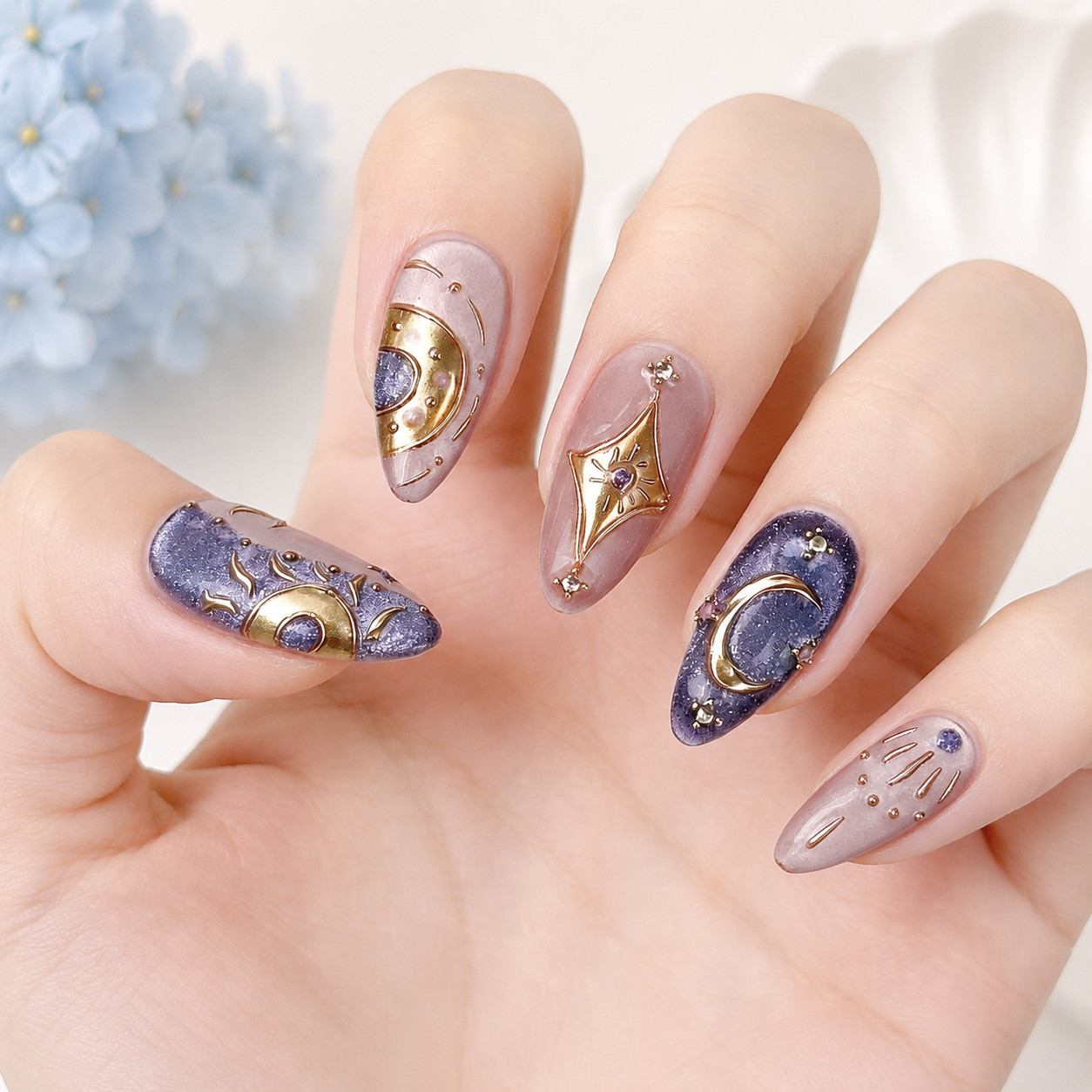 Press On Nails Medium Almond Celestial Moon Star Gold Purple Rhinestone Nail Set