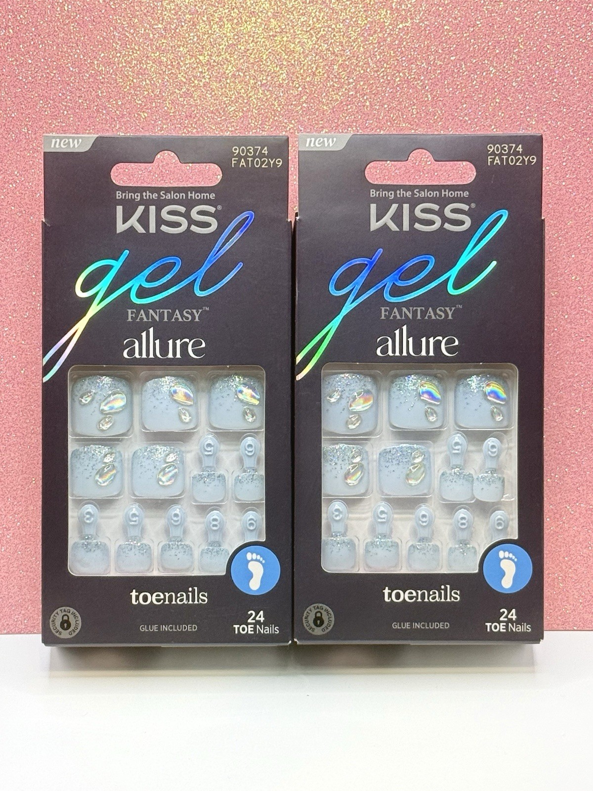 Kiss Gel Fantasy Allure Press-On Toenails Pedicure Blue Sparkle Gem 90374 2pack