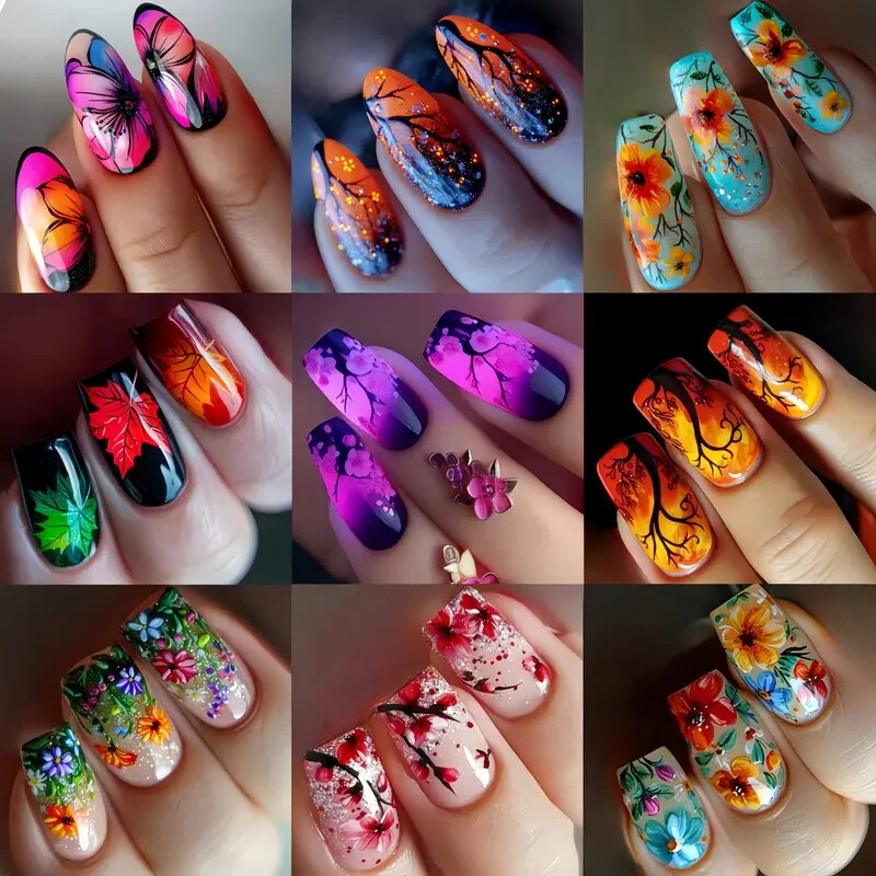 216pcs Spring/Summer Floral Press-On Nail Set, Glossy Finish, Medium and Long