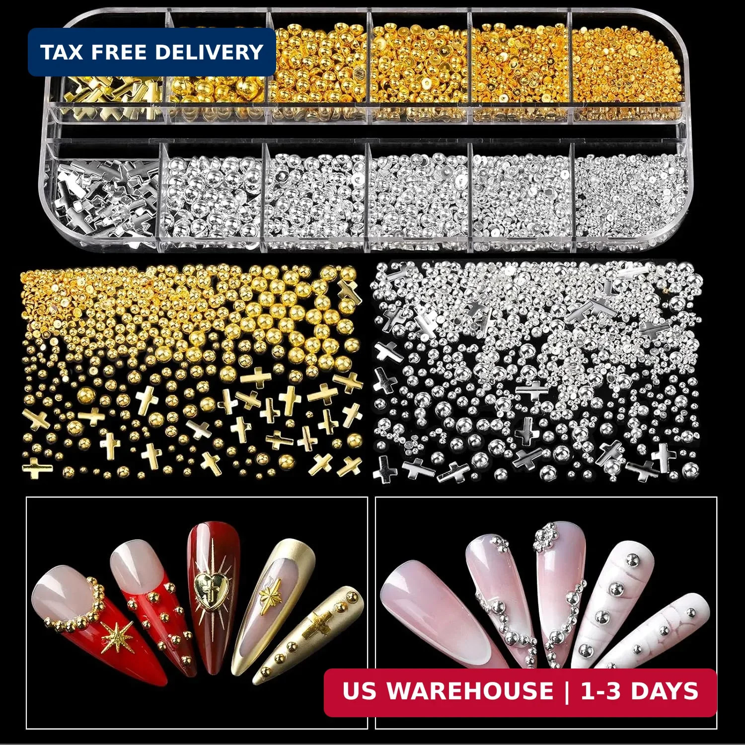 Teenitor Nail Charms and Gems with Nail Stickers, 6 Boxes Silver & Gold Nail Gem
