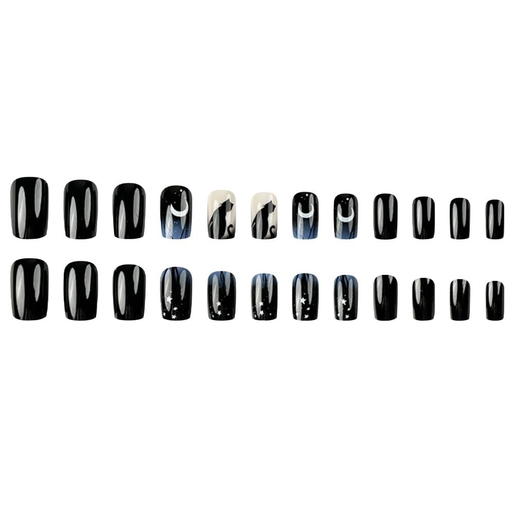 ONPRESS 24Pcs Black Press on Nail Medium Square Fake Nails with Multicolor