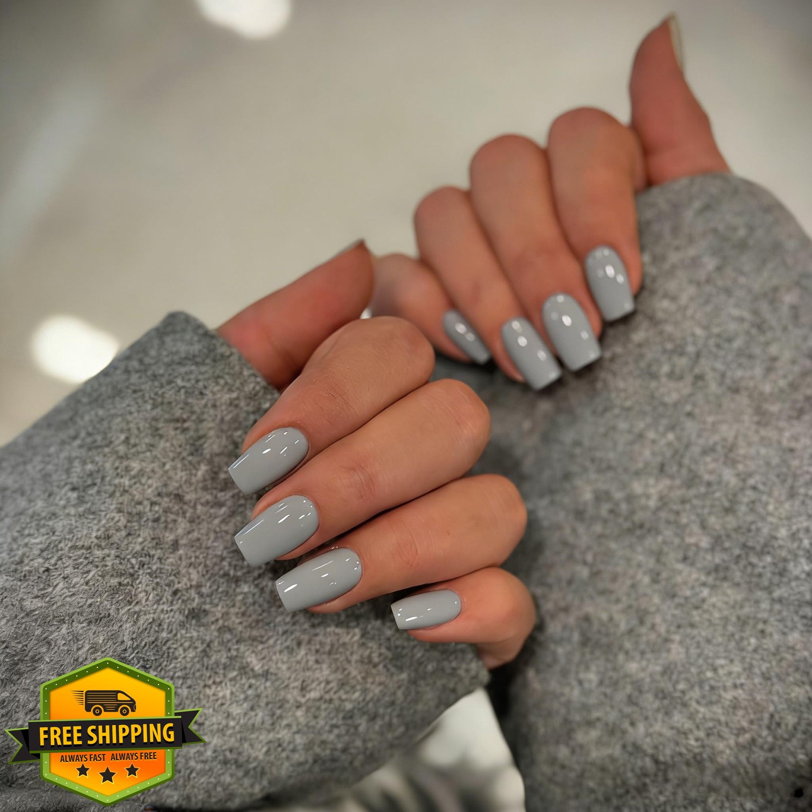 KXAMELIE Dark Gray Press on Nails Medium Square, Soft Gel Fake Nails Short Co…