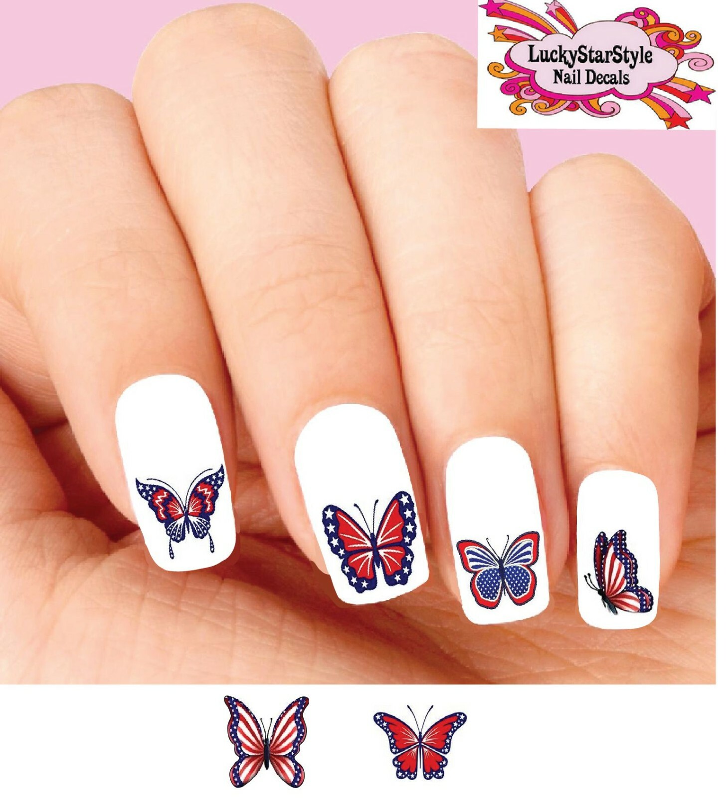 Waterslide Nail Decals Set of 20 – 4th of July Patriotic Butterfly Assorted