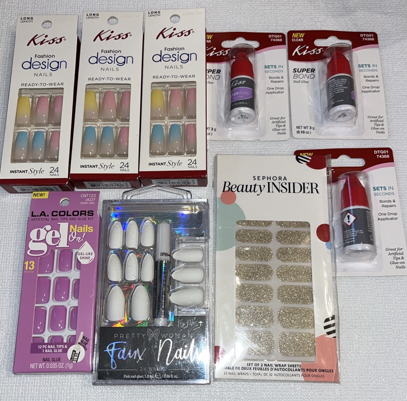 Large Press On Fake Nail & Nail Glue Lot 9 NEW items 109 Nails 2 Nail Wrap Sheet